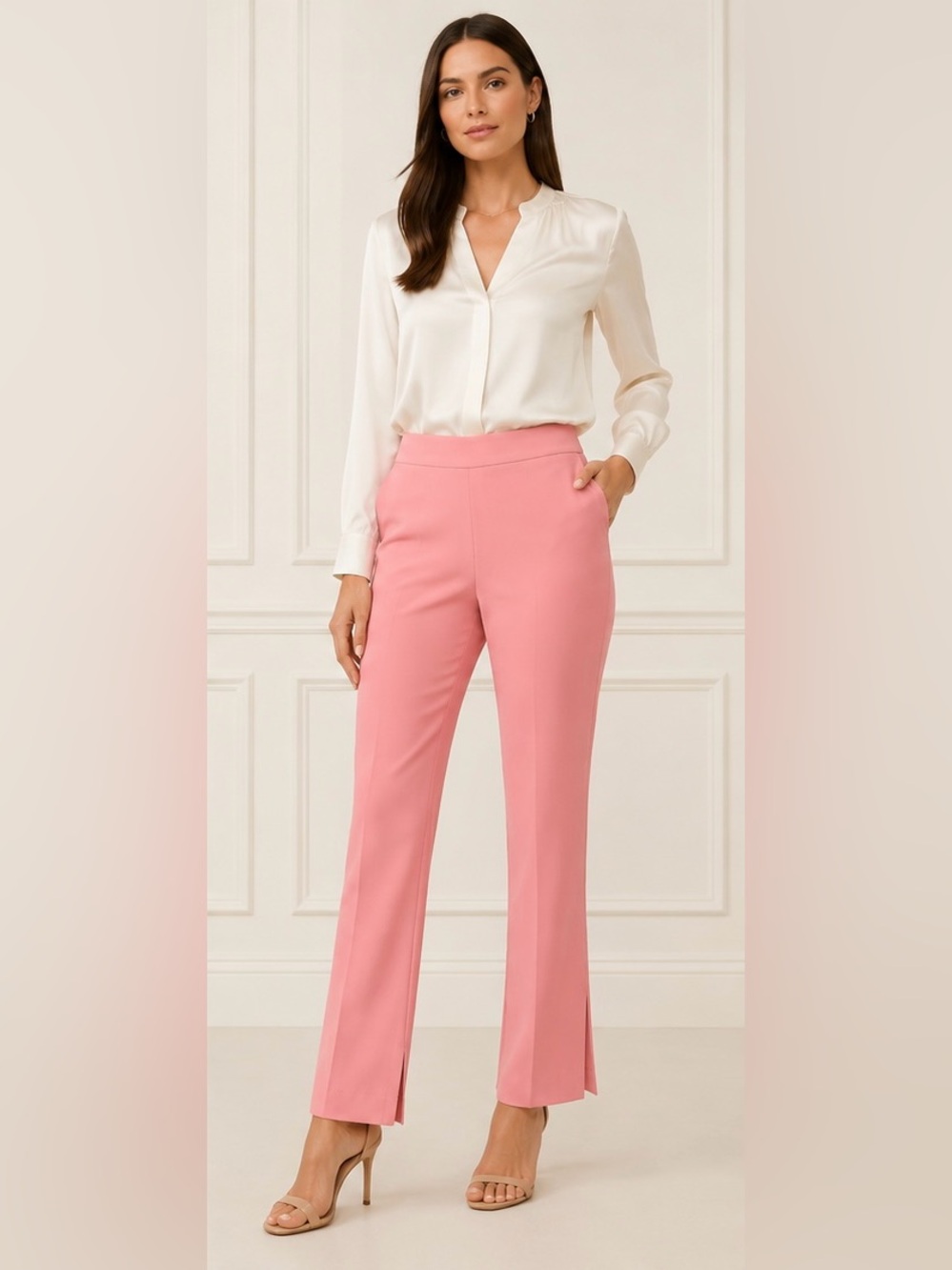 NWT Kobi Halperin Isabella Petal Pink Crepe Pants XL Slit Hem